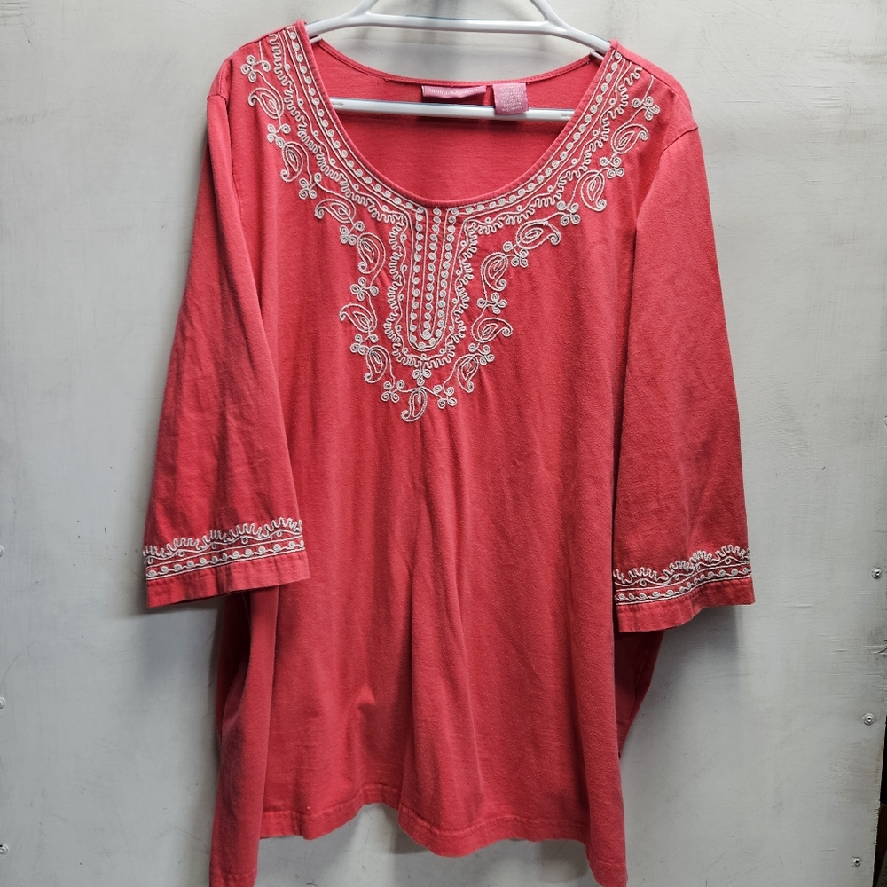 Woman Within plus size embroidered knit tunic top shirt pink/white ~ 2X (26-28)